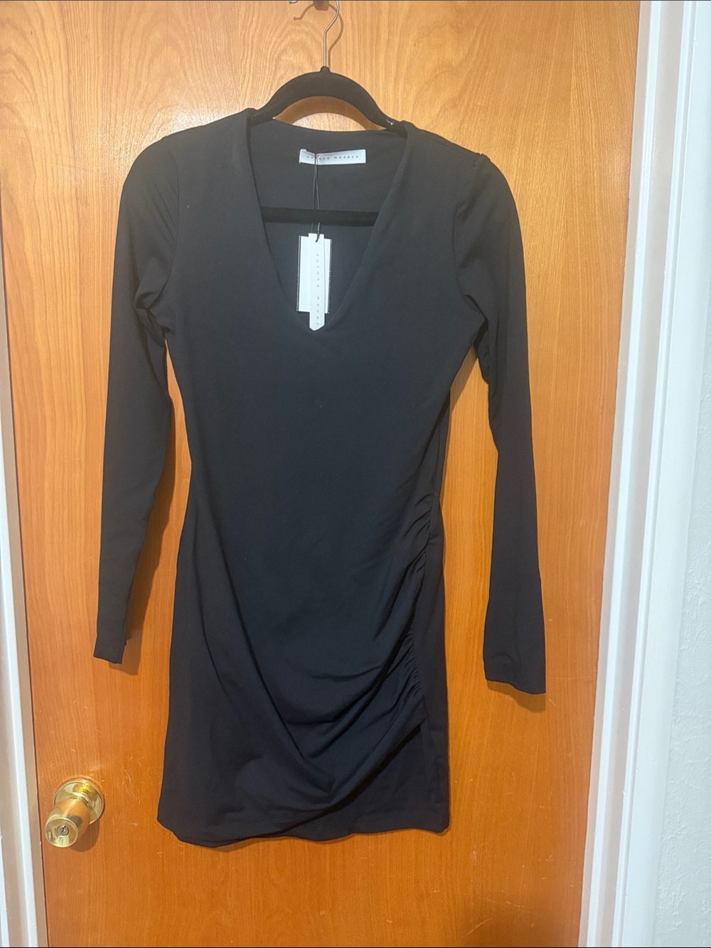 Susana Monaco Black Long-Sleeve V-Neck Ruched Side Dress NWT